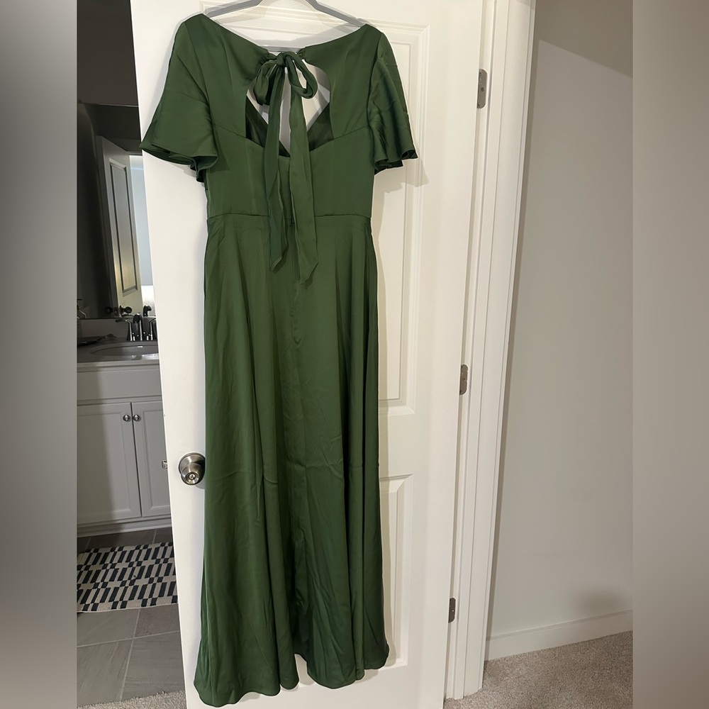 AZAZIE KIMBER Olive A-Line Ruched Stretch Satin Dress - Picture 6 of 10